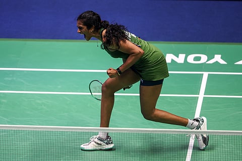 PV Sindhu celebrates a point during her match on Saturday