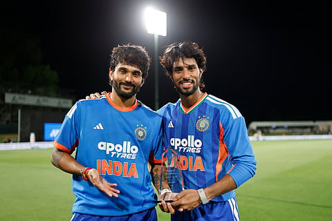 Nitish Reddy with Tilak Varma after the match on Saturday