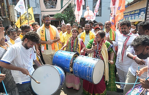 MP M Sribharat, along with alliance mayoral candidate Mukka Sravani and JSP’s corporator B Vasanthalakshmi, during a poll campaign in Vizag.