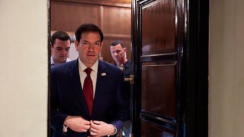 US Secretary of State Marco Rubio arrives to speak with members of the media at the Taj Mahal Palace hotel in Mumbai, India, Wednesday, Oct. 21, 2026.