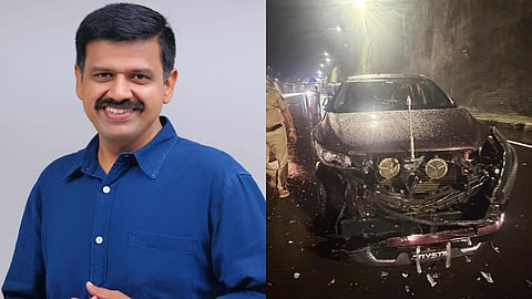 Thrikkaripur MLA Sandeep G Warrier and others travelling in his car escaped unhurt after a tyre burst caused the vehicle to lose control on National Highway 66 at Koichana in Malappuram on Saturday