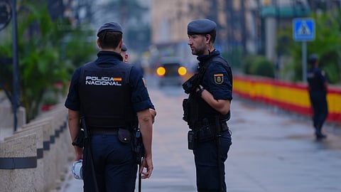 Spanish National Police officers stand in front of Ceuta City Hall in the Spanish enclave of Ceuta on Tuesday Oct. 13, 2026, ahead of the visit by Spain's King Felipe VI and Queen Letizia.