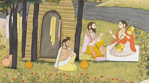 Sage Narada at the hermitage of Sage Valmiki requesting him to write the Story of Rama. Kangra style, Early 19th century. National Museum, New Delhi 49.19/276