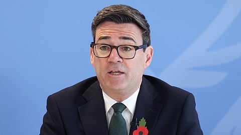 Britain's Prime Minister Andy Burnham speaks during the inaugural Wildfires '27 Resilience Summit on strengthening community preparedness, at the National Resilience Centre of Excellence, in Aintree, England, Friday Oct. 23, 2026.