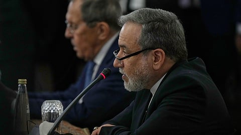 Iranian Foreign Minister Abbas Araghchi, right, speaks during a press conference after a meeting with Russian Foreign Minister Sergey Lavrov, left, in Tehran, Iran, Monday, Oct. 19, 2026.