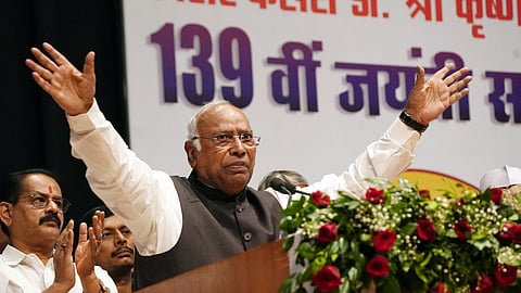 Congress president Mallikarjun Kharge addresses party leaders during the state-level celebration of the 139th birth anniversary of Bihar’s first chief minister Krishna Singh in Patna on Sunday, Oct 25, 2026.