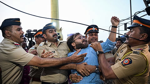 Police detain protestors near Chityabhoomi Shivaji Park in Mumbai on Sunday as they protest to demand justice for IIT-B student Sahil Wakode, who died by suicide.
