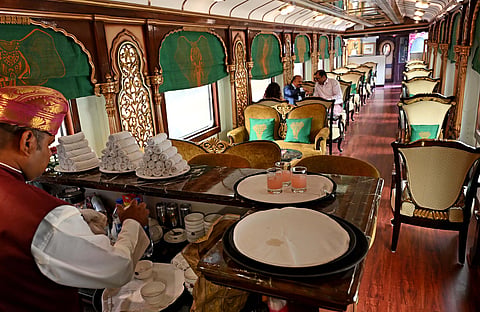 The lavish interiors of the Golden Chariot.