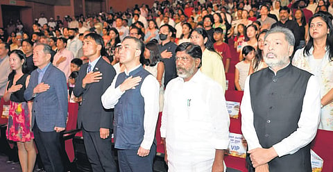 Deputy Chief Minister Mallu Bhatti Vikramarka and others stand during the national anthem at K-Harmony Festa — Korea Culture Day 2026, in Hyderabad on Sunday, Oct 25, 2026.