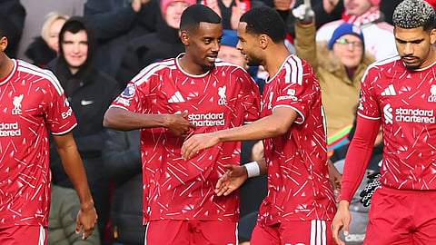 Liverpool's Alexander Isak celebrates after scoring their second goal during the English Premier League football match between Liverpool FC and Brighton & Hove Albion FC