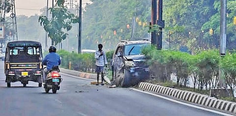  A man and a woman travelling with him in an SUV escaped unhurt after he crashed the speeding vehicle into a divider and hit a pole installed on it at VIP Colony area.