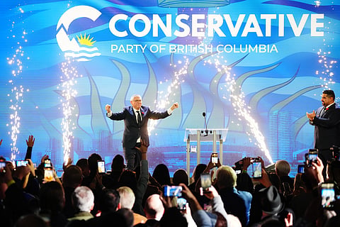 Conservative interim leader Lorne Doerkson arrives to address supporters on election night in Vancouver, British Columbia, Saturday, Oct. 24, 2026.