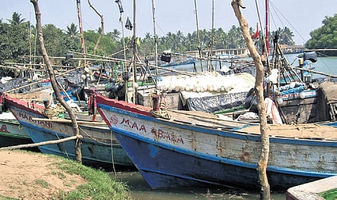 Fishing boats moored at Kharinashi jetty in Kendrapara district. 
