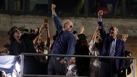Brazilian President Luiz Inacio Lula da Silva and his running mate Geraldo Alckmin address supporters during a victory rally after winning the presidential runoff in Sao Paulo, Brazil, Sunday, Oct. 25, 2026. 