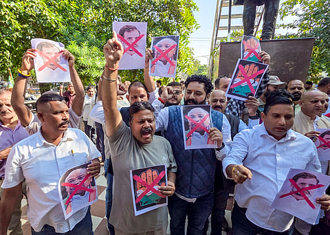 BJYM workers in Jammu stage a protest against Congress chief Mallikarjun Kharge's remark referring to Prime Minister Narendra Modi's father.