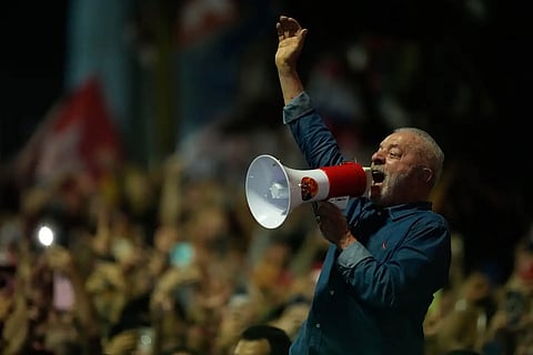 President Luiz Inacio Lula da Silva addresses supporters during a victory rally after winning a fourth term in the presidential runoff on Paulista Avenue in Sao Paulo, Brazil, Sunday, Oct. 25, 2026. 