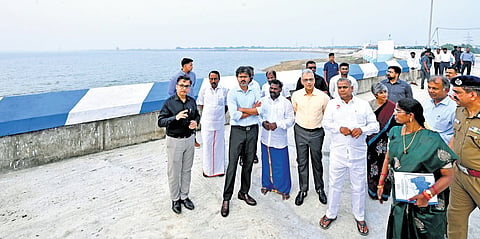 CM Vijay inspects the sluice gates and the water intake tower of Chembarambakkam Lake in Kundrathur.  