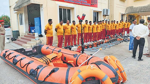 Officials inspecting the readiness of fire services personnel in Berhampur on Sunday, October 25, 2026.