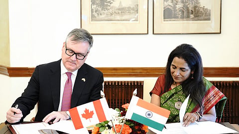 Ambassador Sripriya Ranganathan with Deputy Minister of Immigration, Refugees and Citizenship Canada (IRCC), Ted Gallivan, during the IndiaCanada Migration and Mobility Dialogue, in New Delhi, Oct. 26, 2026.
