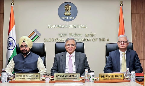 Chief Election Commissioner Gyanesh Kumar, Election commissioners Sukhbir Singh Sandhu and Vivek Joshi.