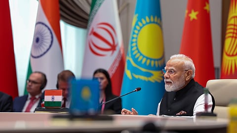 In this file photo from Sept. 01, 2026, Prime Minister Narendra Modi addresses the Shanghai Cooperation Organisation (SCO) summit in Bishkek, Kyrgyzstan.