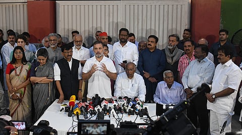 In this photo from Oct. 13, 2026, Lok Sabha LoP Rahul Gandhi, along with INDIA Bloc leaders, addresses a press conference in New Delhi.