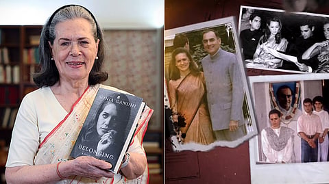Congress chairperson Sonia Gandhi poses for a picture with her upcoming book, ‘Belonging: A Journey of Love’.