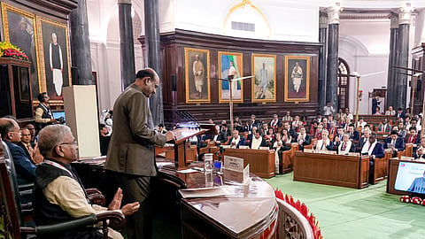 Lok Sabha Speaker Om Birla addresses the gathering during the BRICS 12th Parliamentary Forum, at Parliament House, in New Delhi, Monday, Oct. 26, 2026