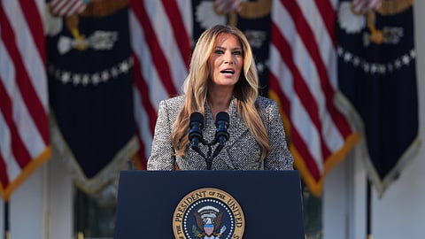 First lady Melania Trump speaks during an event about women's health, in the Rose Garden of the White House, Monday, Oct. 19, 2026, in Washington.
