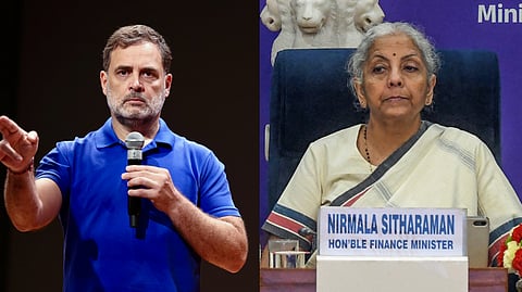 (L-R) Leader of Opposition in the Lok Sabha Rahul Gandhi and Union Finance Minister Nirmala Sitharaman.