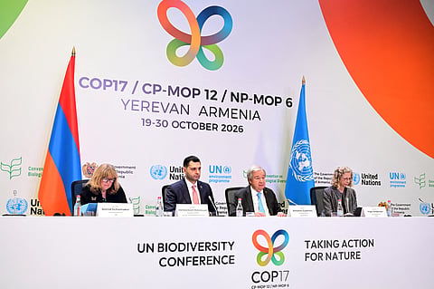 Astrid Schomaker, Executive Secretary of the Convention on Biological Diversity, Hambardzum Matevosyan, Armenia's Minister of Environment and COP17 President, Antonio Guterres, Secretary-General of the United Nations, and Inger Andersen, UN Under-Secretary-General and Executive Director of the United Nations Environment Programme, address a press conference in the Armenian capital of Yerevan on October 15, 2026.
