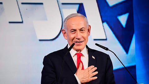 Israeli Prime Minister Benjamin Netanyahu speaks to his supporters at Likud party headquarters in Jerusalem after the release of the first exit poll results in Israel's general election, Wednesday, Oct. 28, 2026. 