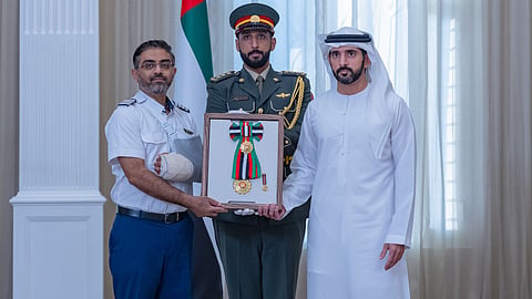 Sheikh Hamdan bin Mohammed bin Rashid Al Maktoum, Crown Prince of Dubai, confers the First Class Order of Zayed II on Indian Captain Smit Machchhar.