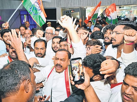 TPCC president B Mahesh Kumar Goud, along with other Congress leaders, stages a protest outside the South Central Railway office in Secunderabad on Wednesday. 