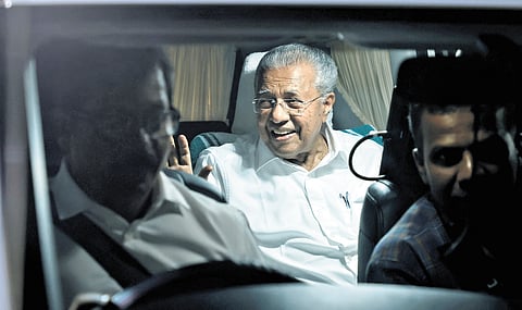 Leader of the Opposition Pinarayi Vijayan leaving after inaugurating a public meeting organised as part of the CPM extended district committee meeting at Putharikandam Maidan in Thiruvananthapuram on Wednesday 