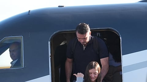Flávio Bolsonaro arrives at Miami-Opa-locka Executive Airport on Wednesday, Oct. 28, 2026, in Opa-locka, Fla.
