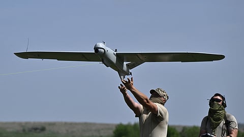Ukrainian soldiers launching a reconnaissance drone near Chasiv Yar