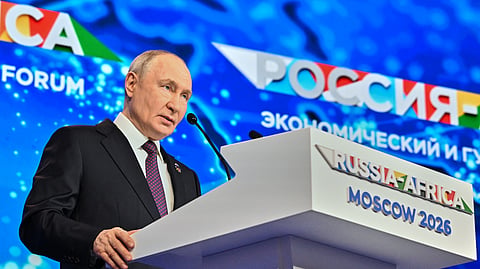 Russian President Vladimir Putin speaks during the plenary session of the Russia-Africa summit in Moscow, Wednesday, Oct. 28, 2026. 