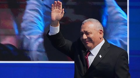Gadi Eisenkot, leader of the Yashar ("Straight") party, waves to supporters after the release of the first exit poll results in Israel's general election in Tel Aviv, Israel, Tuesday, Oct. 27, 2026. 
