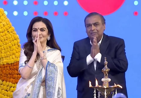  In this screengrab from a video posted on Oct. 28, 2026, Reliance Industries Chairman Mukesh Ambani and Reliance Foundation Chairperson Nita Ambani during the listing ceremony of Jio Platforms Limited (JPL), in Mumbai, Maharashtra.