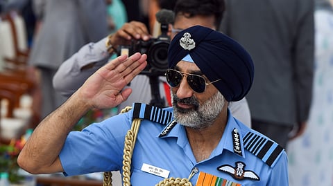 In this file photo from Oct. 08, 2026, Chief of the Air Staff Air Chief Marshal Amar Preet Singh salutes during the Air Force Day celebration at Hindon Air Force Station, in Ghaziabad