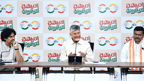 CM Nara Chandrababu Naidu, Dy CM Pawan Kalyan and AP BJP president PVN Madhav at a press conference on Tuesday.