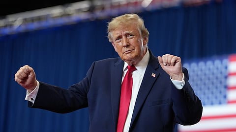US President Donald Trump dances at a campaign rally at the Lubbock Memorial Civic Center, Tuesday, Oct. 27, 2026, in Lubbock, Texas.