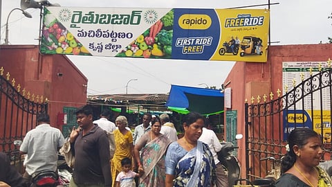 Consumers rush at Machilipatnam Rythu Bazar. 