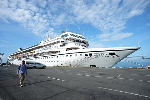 A US cruise ship MV. Odyssey docked at Sihanoukville Autonomous Port in Sihanoukville southern Cambodia, Thursday, Oct. 29, 2026.