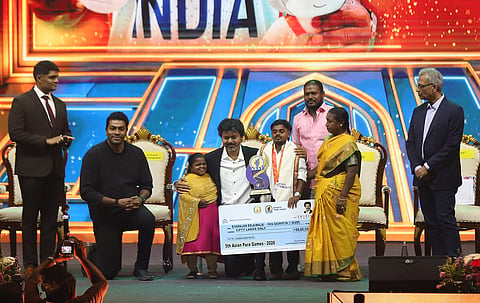 Chief Minister C Joseph Vijay felicitating sportspersons at Chennai’s Jawaharlal Nehru indoor stadium on Thursday
