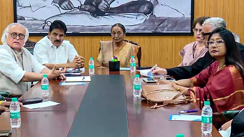 Former Lok Sabha speaker Meira Kumar, Congress leaders Jairam Ramesh, KC Venugopal and Priyanka Gandhi Vadra, TMC leader Derek O'Brien, JMM leader Mahua Maji and others during a meeting of INDIA bloc leaders at Leader of Opposition in Rajya Sabha Mallikarjun Kharge's residence, in New Delhi, Thursday, Oct. 29, 2026.