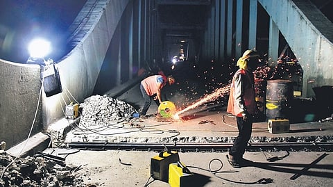 The repair of Marthanda Varma Bridge  at Aluva being done at night. The closure of the bridge has also choked the byroads.  The bridge is likely to be reopened to traffic on Monday.