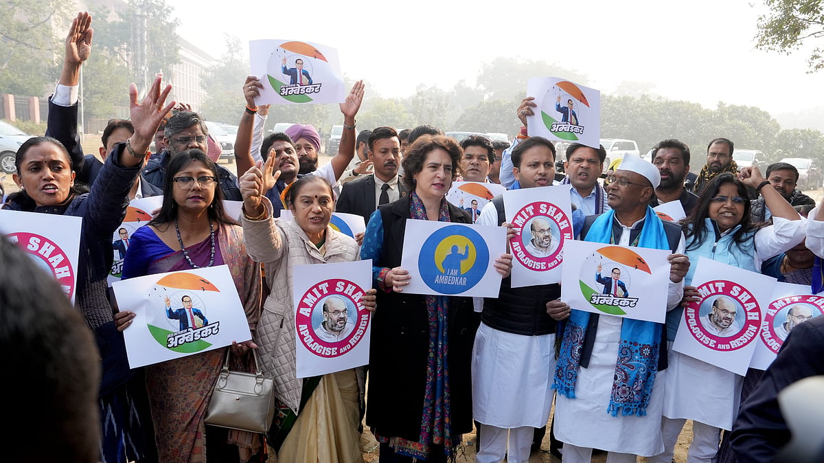 Ambedkar row: Opposition MPs hold protest against Amit Shah at Vijay Chowk