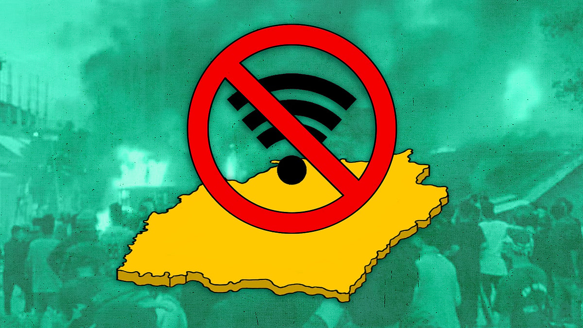 A sign depicting banned internet with a map of Manipur.